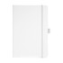 A white journal notebook with a flexible cover and an elastic closure, featuring a logo on the front.