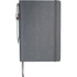 A grey journal notebook with a pen attached and a ribbon bookmark. It features an elastic closure and a logo.
