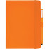 An orange hard-bound journal with an elastic band and a pen attached. It features a logo on the cover.