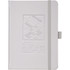 A white hard bound journal with an embossed design and elastic closure, featuring a logo on the front.