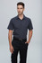 A short sleeve, button-up men's shirt in a deep blue colour with a chest pocket and a branded tag.
