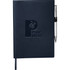A navy refillable journal with a logo and an elastic pen holder featuring a silver pen.