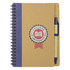 A brown spiral notebook with a navy cover and a ballpoint pen attached. Features a logo on the front.