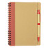 A brown spiral-bound notebook with a red stripe and a matching red ballpoint pen attached.