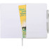 A Nova Bound JournalBook in white, featuring blank pages, a pen, and a pocket for documents.