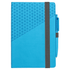A blue notebook with a textured geometric design and a matching blue pen, secured with a grey elastic band.