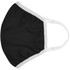 A black face mask with white straps and a simple design, featuring a logo on one side.