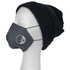 A grey Viroblock face mask worn on a mannequin head, paired with a black beanie. The mask features a logo.