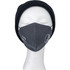 A grey face mask displayed on a mannequin head, featuring a logo and worn with a black beanie.