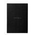 A black notebook featuring a logo on the front cover. It has a sleek and minimalist design.