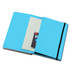 A blue notebook with a flexible cover, featuring a pocket and an elastic closure. It contains white pages and a branding logo.