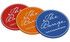 Three circular PVC coasters in red, orange, and blue, each featuring a logo in white.