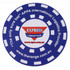 A round blue PVC coaster with white circular patterns and a prominent logo in the centre.