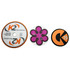 Three circular coasters in various designs: one with an orange and white logo, another with a pink flower pattern, and a black coaster with an orange logo.