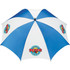A large golf umbrella featuring a blue and white striped design and a logo on its panels.