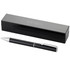 A black metal ballpoint pen with a silver clip, displayed beside its sleek black box.
