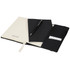 A black notebook and a black pen inside a black leather-like gift set, with a smaller white notebook included.