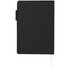A black notebook with a ribbon bookmark, featuring a sleek design and a clasp closure. Includes a pen.