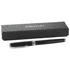 A black rollerball pen with a silver trim, presented in a sleek black box featuring a logo.