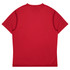 A red t-shirt with short sleeves and a plain back, featuring a logo on the upper back.