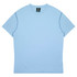 A light blue children's t-shirt with a simple design and a logo on the label.