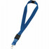 A blue lanyard featuring a clip and breakaway buckle, designed for holding ID cards or badges.