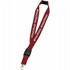 A maroon lanyard with a branding logo, featuring a clip for attachment and a safety breakaway feature.