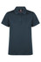A dark green polo shirt featuring a collar and three button placket, with a logo on the label.
