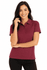 A maroon polo shirt displayed on a woman, featuring a collar and short sleeves. The shirt has a logo.