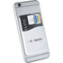 A grey phone with a white silicone card wallet attached, holding a credit card and featuring a logo.