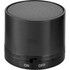 A black cylinder Bluetooth speaker featuring a mesh speaker top and an on/off switch at the base.