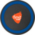 A round wireless charging pad in black with a blue rim and a logo in the centre.