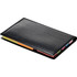 A black memo holder featuring colourful sticky notes peeking out from one side. It has a sleek design and a logo.