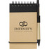 A brown notepad with a black cover and a pen attached, featuring a logo on the front.