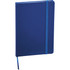A blue 5 x 7 snap elastic closure notebook with a bookmarks ribbon and a logo on the cover.