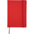 A red 5 x 7 inch notebook with an elastic closure and a ribbon bookmark. Features a plain cover and a logo.