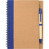 A spiral notebook in brown with a blue spine and a matching blue pen attached. It features a logo on the cover.