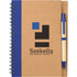 A brown spiral notebook with a blue spine and a matching blue pen, featuring a logo on the cover.