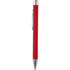 A red soft touch metal pen with a silver clip and tip, featuring branding.