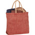 A herringbone-patterned jute tote bag in red and natural colours, featuring two handles and items inside.