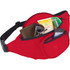 A red fanny pack with multiple pockets, containing sunglasses, a wallet, a phone, and a drink bottle.