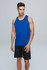 A blue men's singlet is displayed on a model, paired with black shorts. The singlet features a logo.