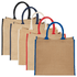 A collection of large jute tote bags in natural beige with contrasting coloured handles: black, navy, cream, and red.