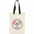 A natural cotton grocery tote in cream with black handles and a logo featuring a heart and text.