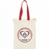 A natural cotton grocery tote bag in cream with red handles and a logo featuring a heart and text.