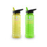 A drink bottle set featuring a yellow and a green bottle, each with a straw and a logo.
