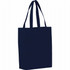 A navy tote bag with two handles and a simple design. It features a logo on the side.