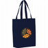 A navy tote bag with a round logo featuring green and orange leaf designs. It has two sturdy handles.