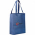 A blue non-woven tote bag with two handles and a logo on the front.