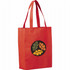 A red non-woven tote bag with an illustrated logo featuring green and orange leaves.